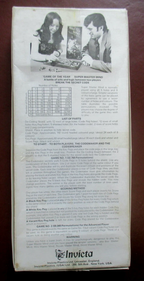 VINTAGE - SUPER MASTERMIND - INVICTA GAMES - COMPLETE - Image 3 of 3
