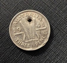 1941 Australia 3p Threepence George VI Silver Coin. G4 Condition With Puncture