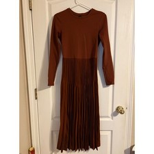 Uniqlo Pleated Midi Dress Womens XS Rust Brown Satin Long Sleeve Mixed Media