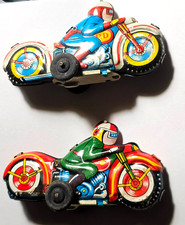  2 Vintage 1950's Japan 3-1/2" Tin Litho Friction Toys Racing Red  Police Blue