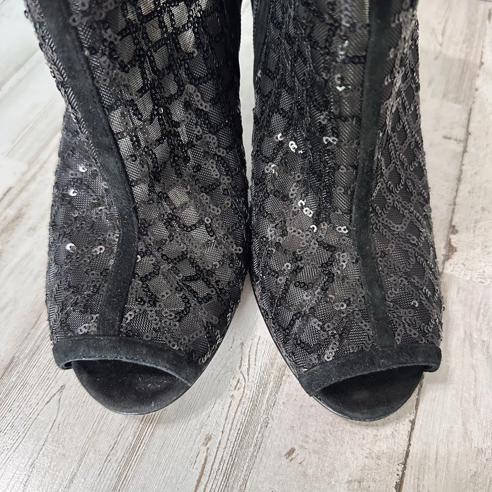 Delman Heeled Booties Peep Toe 10 Sequins Lace Zip Up Party Cocktail Sexy Black - Image 2 of 4