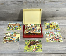 Vtg Germany Hermann Eichhorn Picture Wooden Cubes 6-Sided Block Puzzle Case Farm