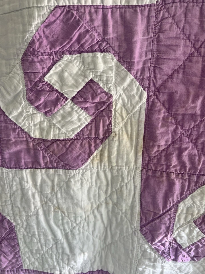Старинный старый ручной работы Индиана головоломка фиолетовый и белый вручную сшитый лоскутное одеяло как есть - Изображение 3 из 4