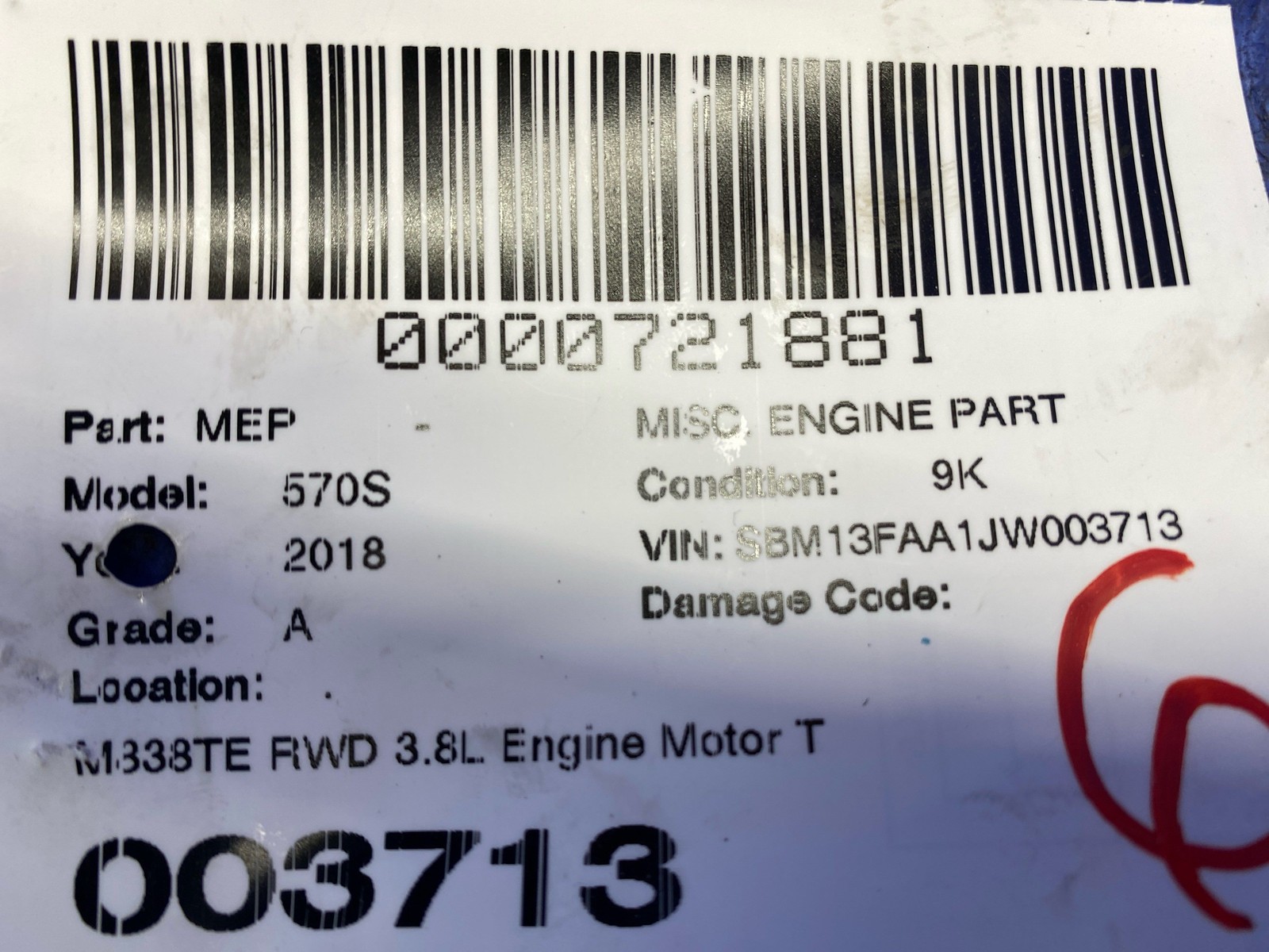 2016-2021 Mclaren 570s M838TE RWD 3.8L Engine Motor Timing Idler Gear Sprocket