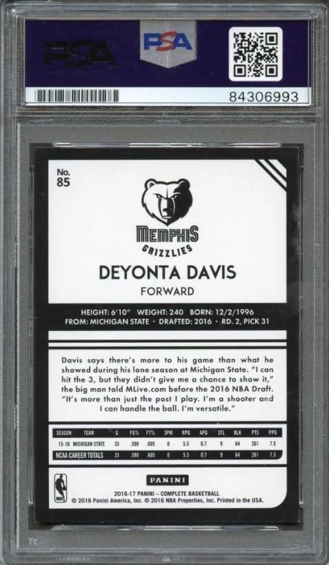 2016-17 Panini Complete #85 Deyonta Davis Signed Card AUTO PSA Slabbed RC Rookie - Image 2 of 2