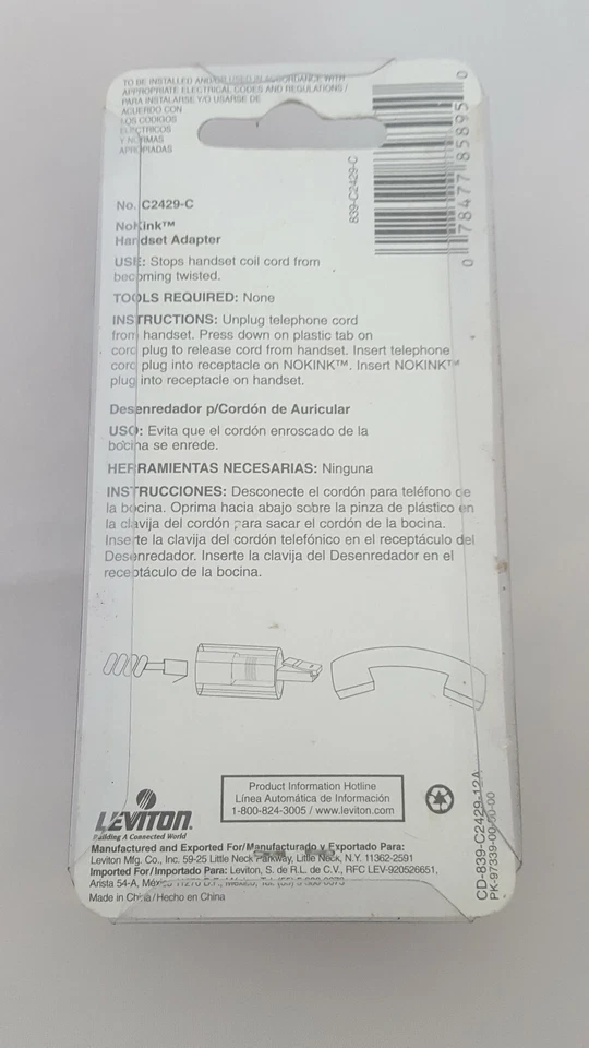 Leviton Phone No Kink Handset Adapter 839-C2429-C Clear - Изображение 2 из 2