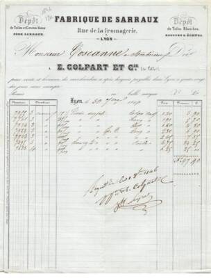 Invoice AM20240 Lyon 1846 E Colpart And Cie Fabric Of Sarraux Canvas Cotton Ble