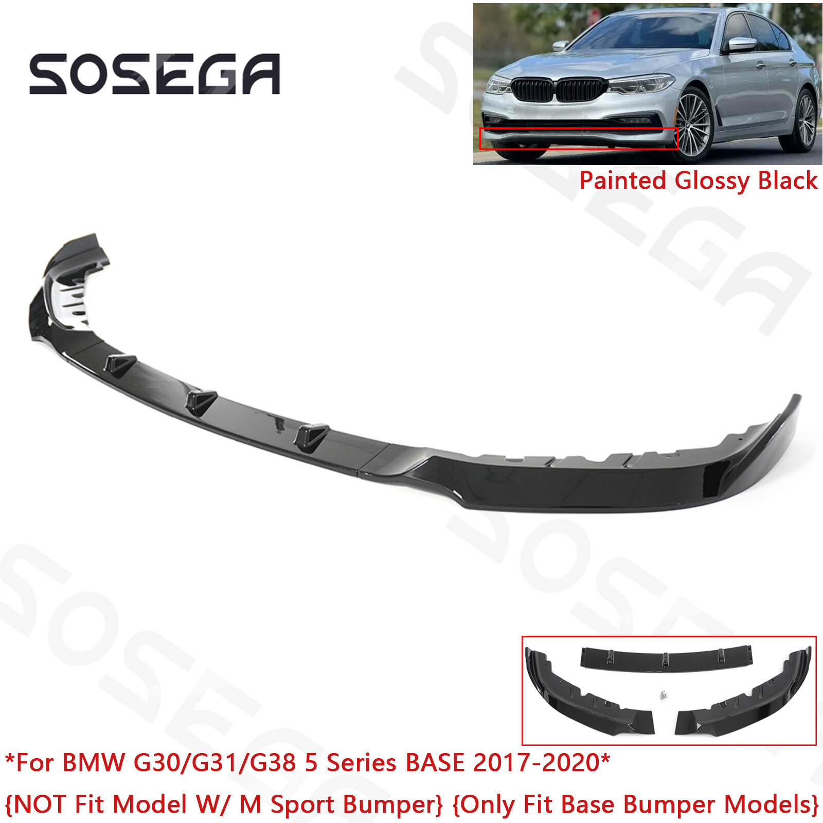 For BMW 5 Series G30 530i 540i BASE 2017-19 Gloss Black 3Pc Front Bumper Lip Kit