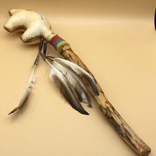 Native American Rain Dance Stick Wood Handle Feathers Painted Leather Beaded