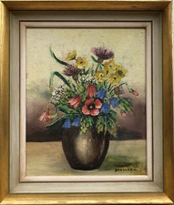 KLEINES STILLLEBEN KORNBLUMEN IN BRAUNER KERAMIKVASE ÖLGEMÄLDE SANDGREN  35X30