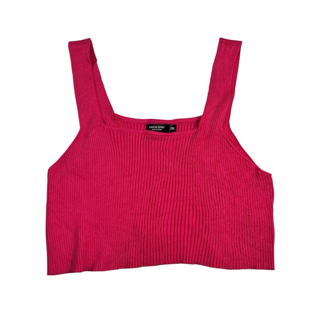 Shein Curve Hot Pink Ribbed Knit Square Neck Cropped Tank Top Plus