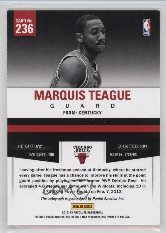 2012-13 Absolute Rookie /299 Marquis Teague #236 Rookie Auto RC - Image 2 of 2