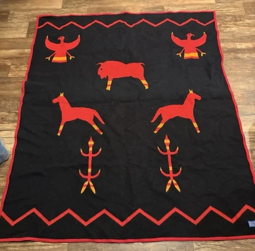 Pendleton Beaver State Eagle Wool Blanket Eagle Horse Buffalo Print Black Orange