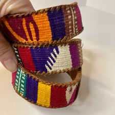 Boho Woven Leather Belt Multi Color Striped Cotton Fabric Buckle Size M 8068