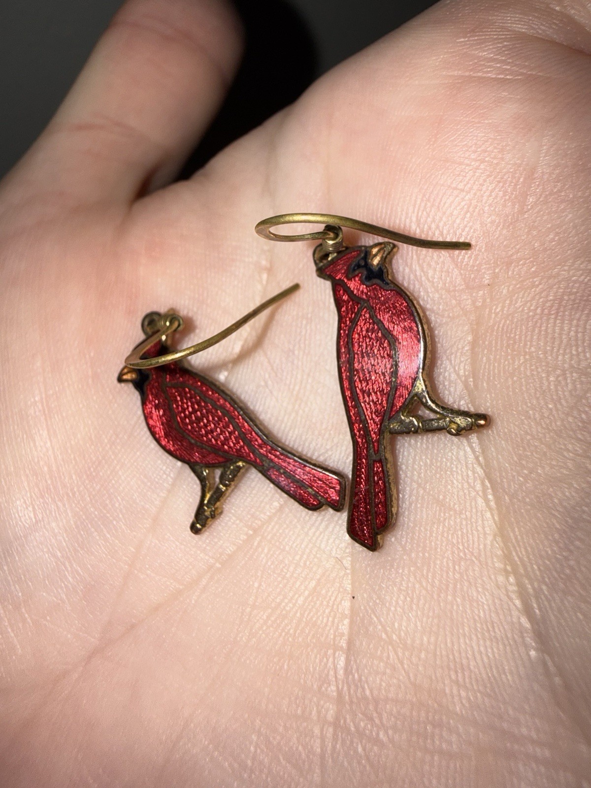 Cardinal Cloisonné Vintage Earrings Dangle Gold Tone