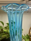 LARGE Vintage Ruffled Vase Hand Blown Art Glass Murano Style  14” Blue Swirl