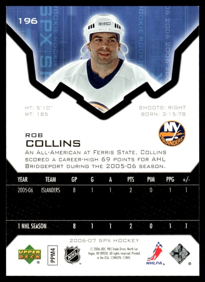 2006-07 SPx Rob Collins Rookie 0884/1999 New York Islanders #196 - Image 2 of 2