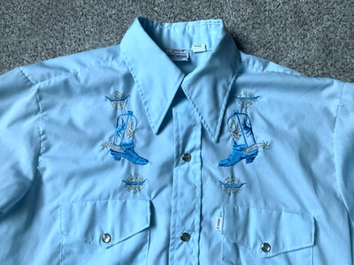 Vintage Mens Lazy H Embroidered L/S Pearl Snap Cowboy Western Shirt MED Blue USA