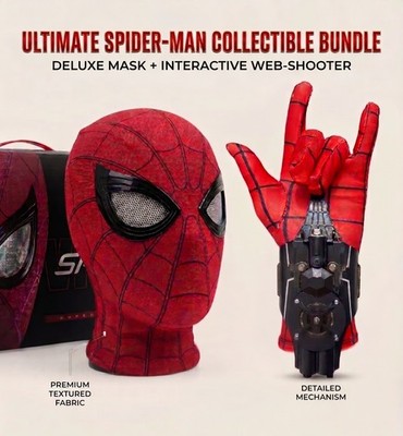 Spiderman Mask Moving Eyes & 8ft Web Shooter Launcher Toy Combo Gift Holloween
