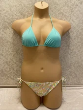 Victoria's Secret Bikini Seafoam Top Multi-colored Gold Foil Paisley Bottom Med