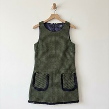 Eva Franco Green Gold Navy Tweed Fringed Shift Dress Size 8 USA Nantucket