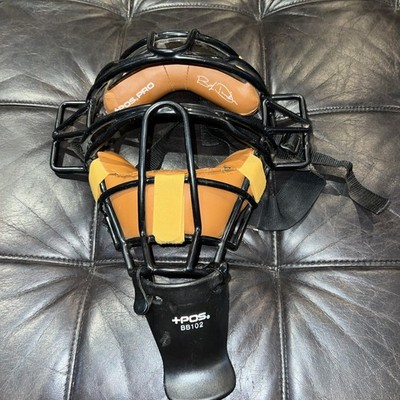 +POS Umpire Mask Adult Black Steel Cage Brown Leather Pads Baseball Softball