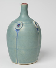 Vintage Rebecca Lowery Handmade Button Design Pottery Bud Vase - AQUA/BLUE