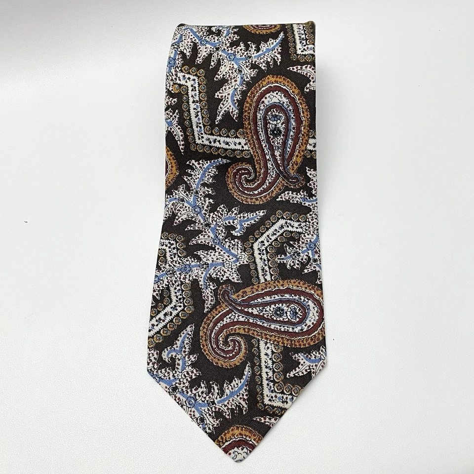 Винтажный галстук Ruffler от Rooster с узором пейсли 4 дюйма x 58 дюймов 100% лен коричневый синий - Изображение 2 из 4