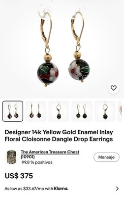 14K Yellow Gold Cloisonne Enamel Floral Round Dangle Drop Leverback Earrings