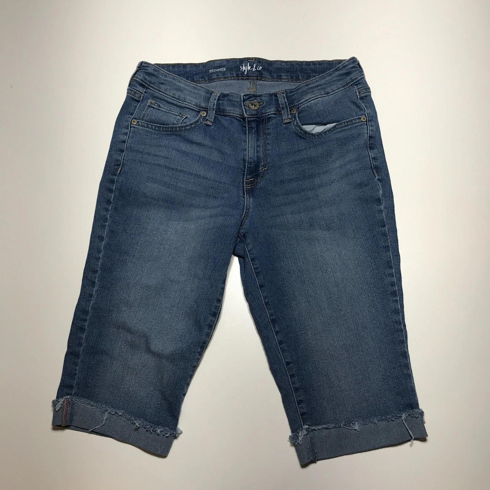 JORDAN Style&Co. Pantaloncini jeans skimmer taglie 6 orlo invecchiato polsini arrotolati elasticizzati vita media