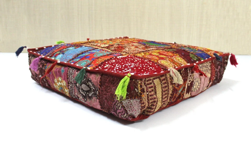 Brown Patchwork Square Floor Pillow Bohemian Decorative Pillow Vintage Cover AU - Image 3 of 4