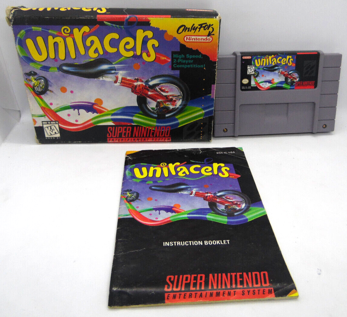 Uniracers (Super Nintendo Entertainment System, 1994) Box, Cart and manual
