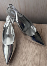 Silver Kitten Pumps 3" Heels very Pointy toe Slingback Dress Shoes Womens Sz 8.5