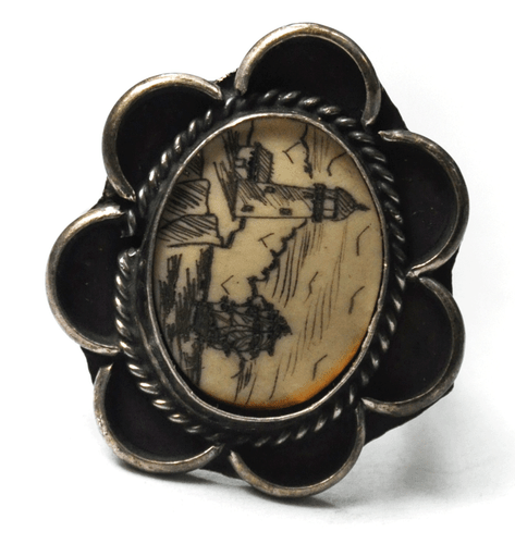 Sterling Silver Carved Lighthouse Ship Oval Landscape 28mm Size 8-1/4 - Picture 1 of 4