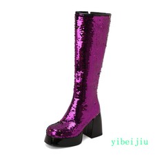 Women's Knee High Sequins Heel Platform Boots Party Dance Stage Glittering Shoes