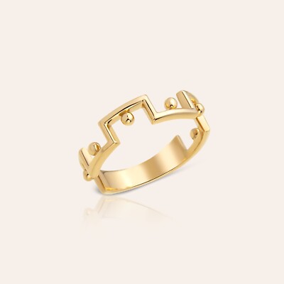 14K Gold Grober Statement Ring | Geometrisches Rand Design | Perlenband | Größe 2-11
