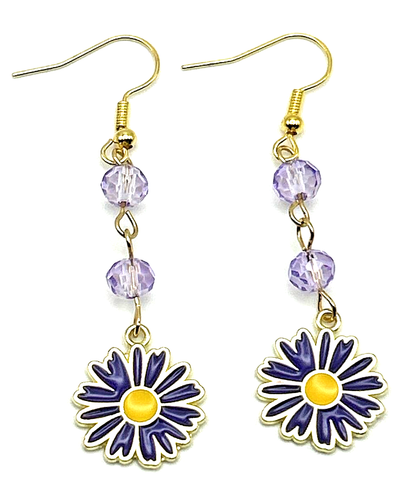 Purple & Yellow Enamel Gerbera Daisy Flower Daisies Dangle Drop Earrings w Glass