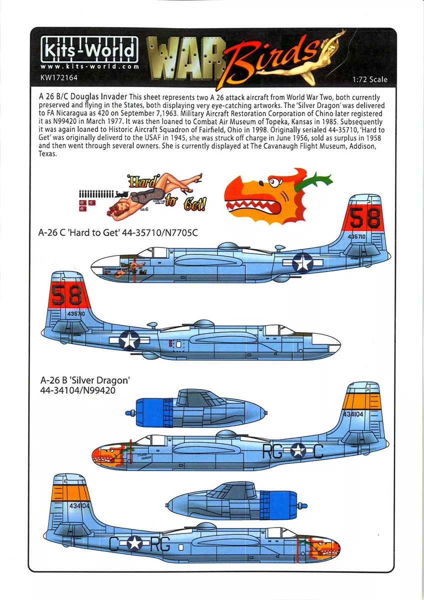 Kits World Decals 1/72 DOUGLAS A-26 INVADER Hard to Get & Silver Dragon