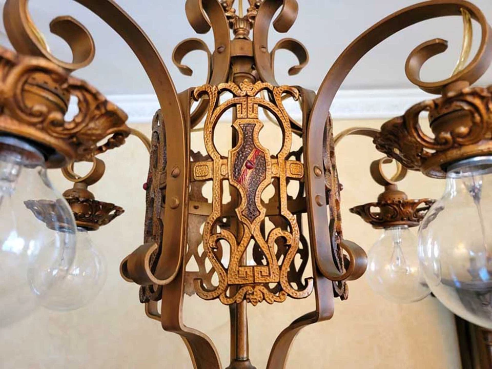 015c Antique 1920s 30s Ceiling Light Chandelier Spanish Revival Tudor mission - Image 4 of 4