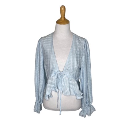 Mable Tie Front Blouse  V Neck Blue Plaid Ruffle Balloon Long Sleeve Size Medium