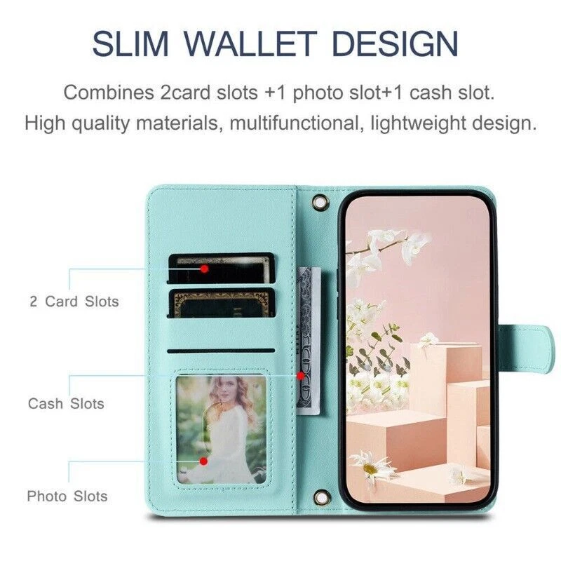 Strap Grid Leather Wallet Phone Case For iPhone 16 15 14 13 12 11 Pro Max 8 7 - Image 3 of 4