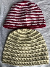 2 HAND CROCHETED UNISEX BEANIE SKULL CAP HATS red/white  taupe/cream