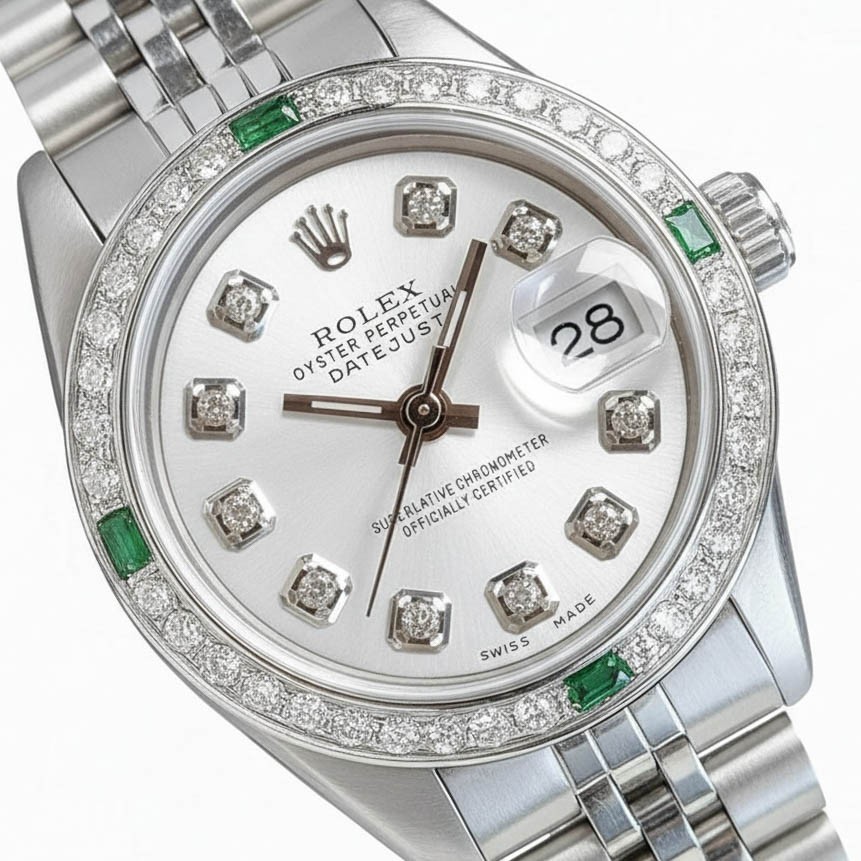 Rolex Datejust Steel Silver Emerald Bezel