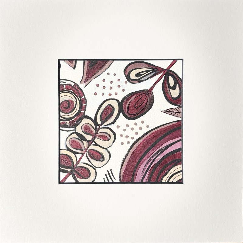 Wine & Taupe Botanical - Abstract - Matted ORIGINAL Acrylic Painting