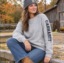 Carhartt Women Small Sweatshirt Gray Relaxed Fit Logo Sleeve
