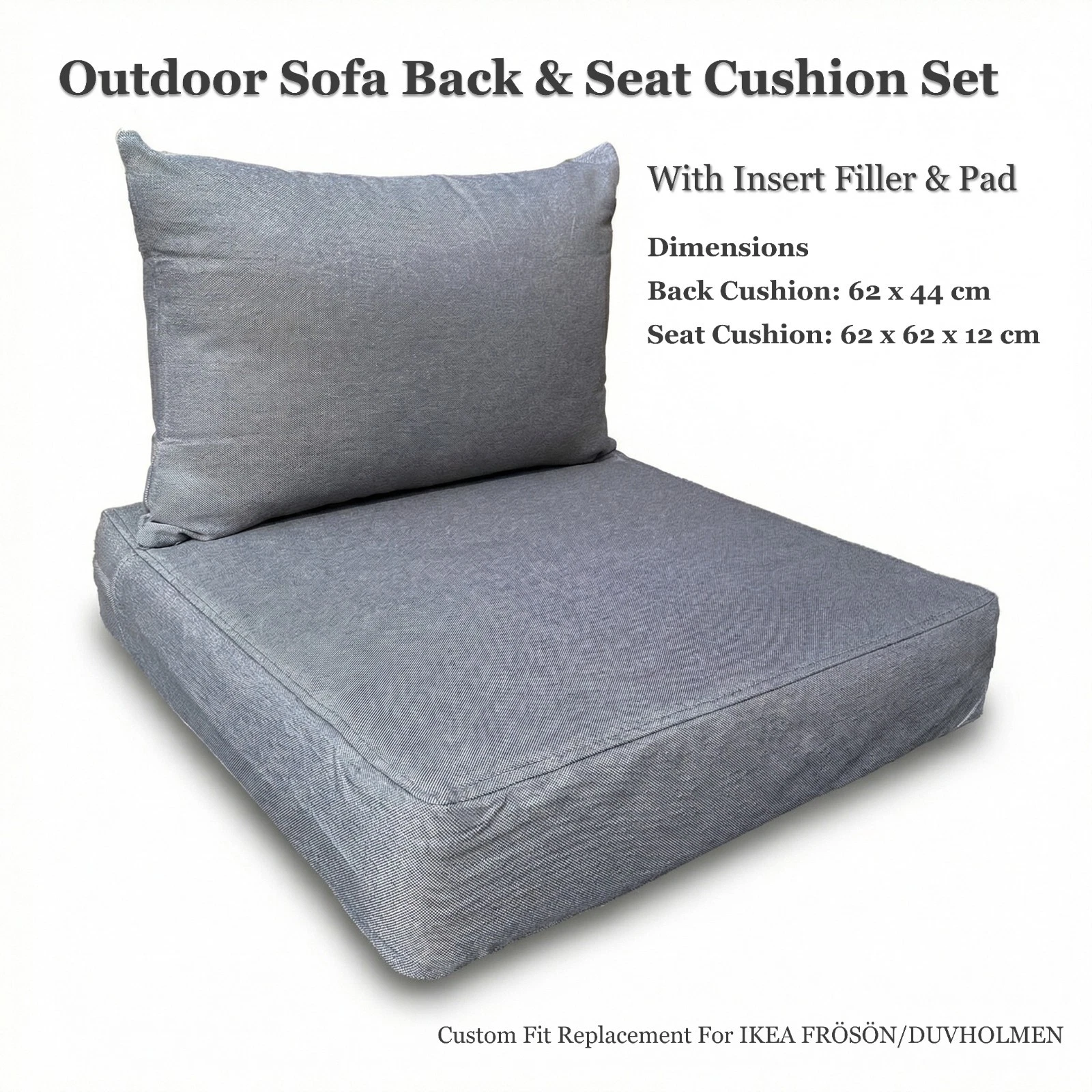 Outdoor Seat Back Cushion Set Rattan Patio Garden Furniture Sofa Armchair Grey Replacement Fits IKEA FRÖSÖN, DUVHOLMEN, JÄRPÖN, JARPON and SOLLERÖN