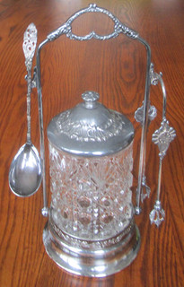 Victorian Pairpoint SilverPlate Lidded Cut Glass Condiment Caddy w Spoon & Tongs