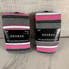 George Pink Striped Tights Girls 7-10 Years Heavyweight Cotton 2 Pack New! BxAA