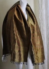 Estate Exquisite Golden Green Brown Orange Lux Floral Woven Paisley Shawl Scarf