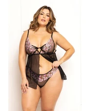 Seven ’til Midnight Queen Pink Floral Lace Mesh Underwire Flyaway Babydoll